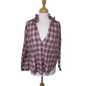 A SHIRT THING PENELOPE PLAID Ruffle Collar Long Sleeve Size Small